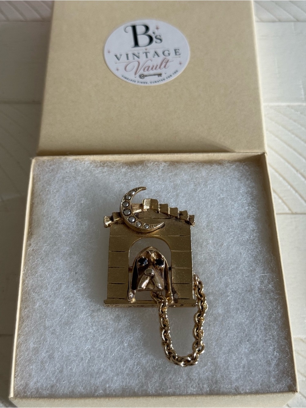 1980s Kirks Folly Gold-tone Dog House Brooch with Crescent Moon